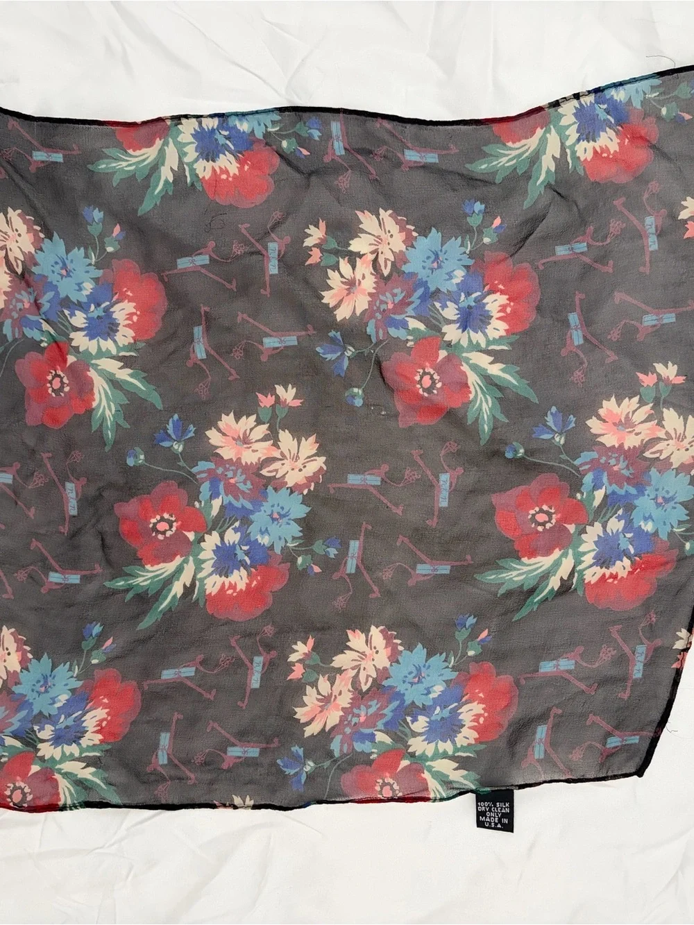 Sheer Black Floral Scarf with Red & Blue Blooms